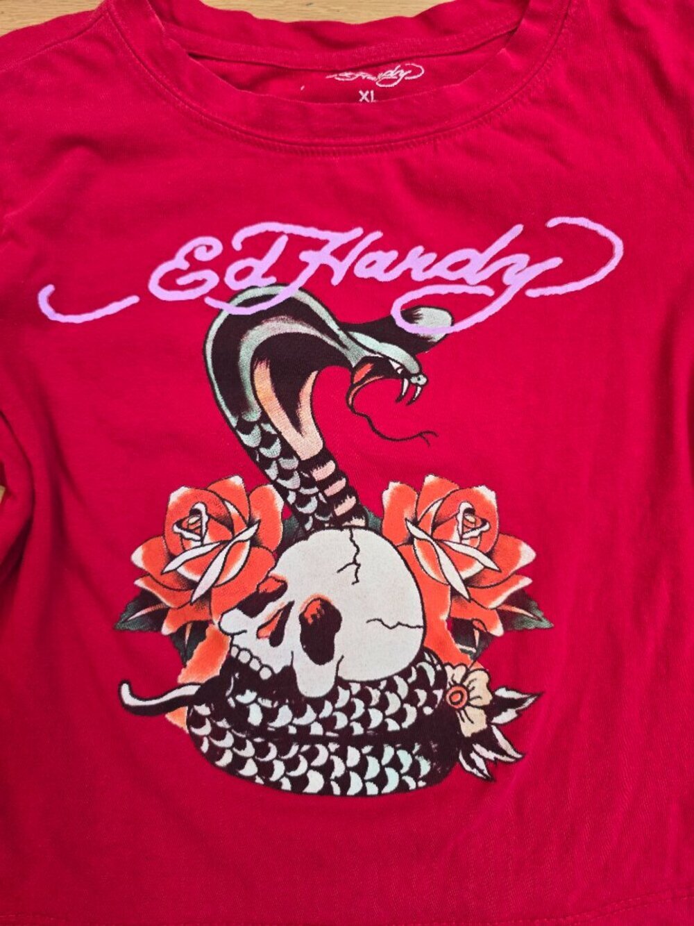 vintage Y2K Ed Hardy red grunge cropped fitted t-shirt | WMS XL - Picture 2 of 10